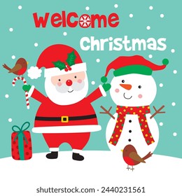 Christmas Design For Card, Bag with Santa Claus and Snowman