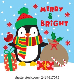 Christmas Design For Card,Bag with Cute Penguin and Gifts