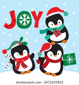 Christmas Design For Card,Bag with Cute Penguins in happiness