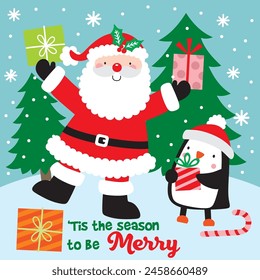 Christmas Design For Card,Bag with Cute Santa Claus and Penguin
