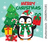 Christmas Design For Card,Bag with Penguin and Candy cane