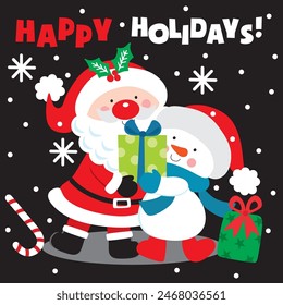 Christmas Design For Card,Bag with Santa Claus and Snowman