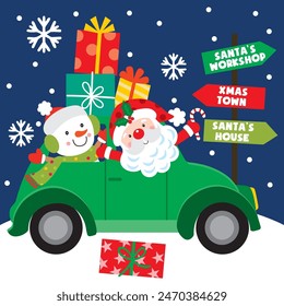 Christmas Design For Card,Bag with Santa Claus and Snowman in Xmas Car
