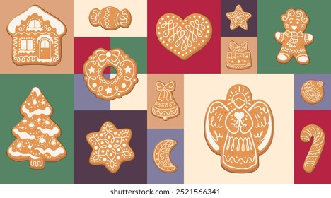 Christmas design collection of gingerbread cookies on bright geometric shapes. Hand drawn vector illustration. Geometric print, seamless pattern for Christmas and New year design or homemade bakery