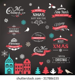 Christmas design collection, Set of lettering and typographic elements, icons, vintage labels. . Ribbons, xmas village and stickers