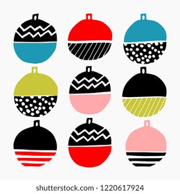 Christmas design with colorful baubles on white background.