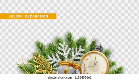 Christmas design. Composition with Xmas decorations. Christmas tree branches with pine cones, colorful realistic gift boxes and retro clock. Vector isolated on transparent background.