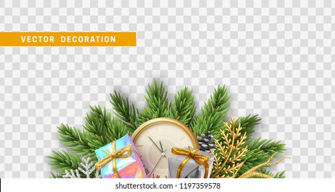 Christmas design. Composition with Xmas decorations. Christmas tree branches with pine cones, colorful realistic gift boxes and retro clock. Vector isolated on transparent background.