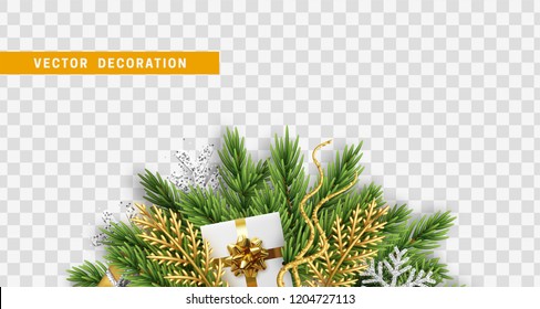 Christmas design. Composition with Xmas decorations. Christmas tree branches with silver snowflakes, colorful realistic gift boxes. Vector isolated on transparent background.