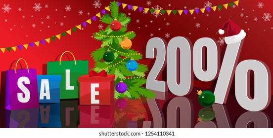 Christmas design concept with Christmas bags and boxes on a red gradient background and the words about the sale of 20%