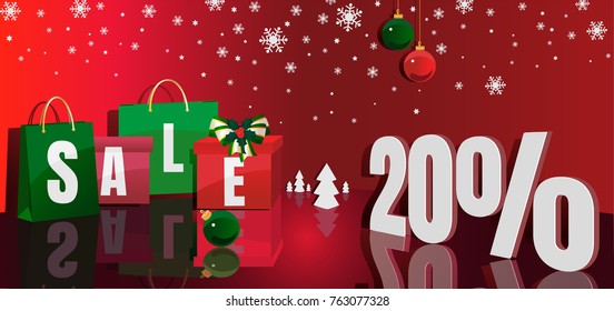 Christmas design concept with Christmas bags and boxes on a red gradient background and the words about the sale of 20%