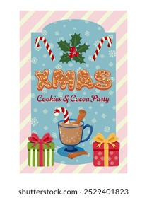 Christmas design with cookies, cocoa, candy canes, and gifts, for holiday invitation or seasonal greeting card. Poster template for invitation to New Year or Christmas party. Vector illustration.