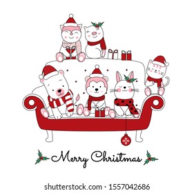 Christmas design with the cute animal cartoon in floral frame. Hand drawn cartoon style