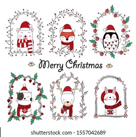 Christmas design with the cute animal cartoon in floral frame. Hand drawn cartoon style