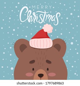 Christmas design. A cute bear in a hat is standing under the snow. Vector illustration. Congratulation lettering.
