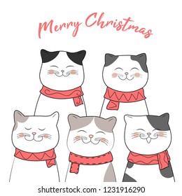 Christmas design with cute cat hand drawn style