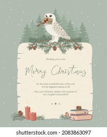 Christmas design with cute owl holding a letter and place for text. Wonderful winter holiday card. Vector illustration
