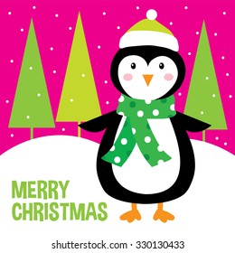 christmas design with cute penguin adn pink background suitable for christmas greeting card