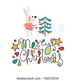 Christmas design with cute rabbit in sweater and christmas tree and lettering - Merry Christmas. Vector illustration.