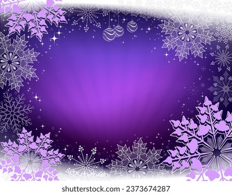 Christmas design in dark purple with rays of light and beautiful snowflakes.