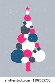 Christmas design with a decorated tree made of hand drawn round shapes and textures on gray background. Creative and modern greeting card, social media post, brochure design.