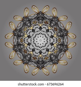 For the Christmas design and decoration. Ornamental pattern with golden snowflakes, doodles and dots in colors on gray background. Handmade drawing. Watercolor painting effect.