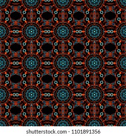 For the Christmas design and decoration. Seamless pattern with snowflakes, doodles and dots in orange and blue colors on black background. Handmade drawing. Watercolor painting effect.