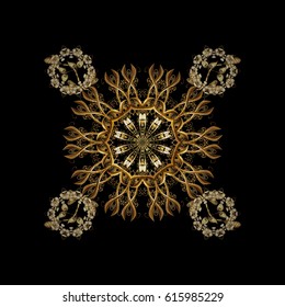 For the Christmas design and decoration. Snowflakes, doodles and dots in black colors on black background. Handmade drawing. Watercolor painting effect.