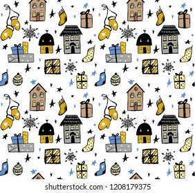 Christmas design doodle elements. Vector hand drawn seamless pattern. Isolated objects. Gloves, houses, snowflakes, gifts, socks and stars