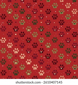 Christmas design doodle paw prints and hearts. Seamless fabric design pattern