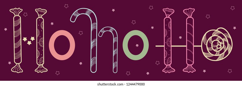 Christmas design element, banner, card. Laughing Santa Claus. Candy laid out in the text ho ho ho. Vector illustration.