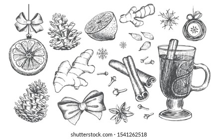 Christmas design element in doodle style. Mulled Wine Glass and Cooking Ingredients. Vector Illustration. Hand drawn.