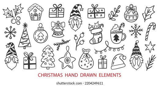 Christmas design element in doodle style collection. Winter Holidays Big Set Vector hand drawn decorative objects Isolated on white. Gnomes, hot drink cups, garland, Christmas tree, balls. 