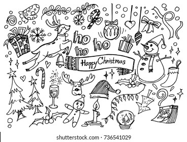 Christmas design element in doodle style set of objects and symbols on the Merry Christmas theme