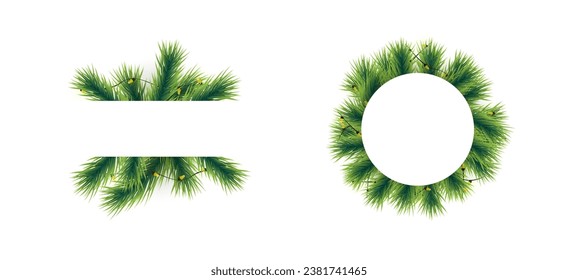 Christmas design element with fir branches and light garland. Green pine tree branches with xmas lights decoration set.