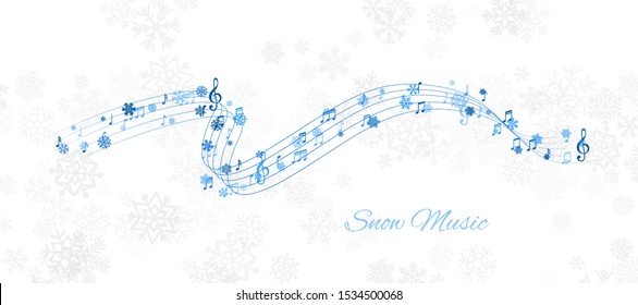 Christmas Design Element From Flying Swirl Lines, Music Notes And Snowflakes. Winter Holiday Decoration On The Light Background From Snow.