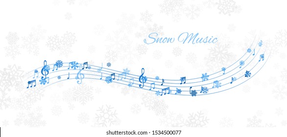 Christmas design element from flying swirl lines, music notes and snowflakes. Winter holiday decoration on the light background from snow.