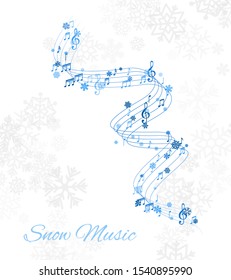 Christmas design element from flying swirl lines, music notes and snowflakes. Winter holiday decoration on the light background from snow.