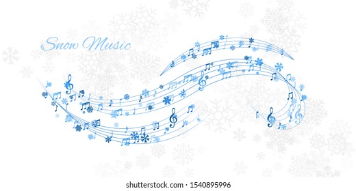 Christmas Design Element From Flying Swirl Lines, Music Notes And Snowflakes. Winter Holiday Decoration On The Light Background From Snow.