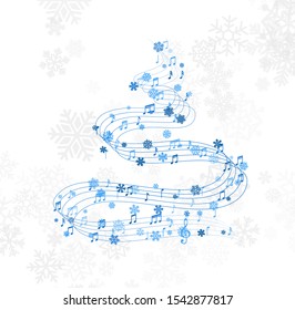 Christmas design element from flying swirl lines, music notes and snowflakes. Winter holiday decoration on the light background from snow.