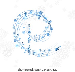 Christmas design element from flying swirl lines, music notes and snowflakes. Winter holiday decoration on the light background from snow.