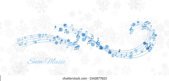 Christmas design element from flying swirl lines, music notes and snowflakes. Winter holiday decoration on the light background from snow.