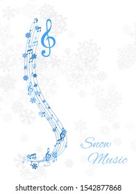 Christmas Design Element From Flying Swirl Lines, Music Notes And Snowflakes. Winter Holiday Decoration On The Light Background From Snow.