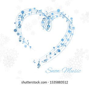 Christmas design element form flying swirl lines, music notes and snowflakes. Winter holiday heart shape decoration on the light background from snow.