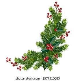 Christmas design element for greeting card or invitation. Decorated fir garland with berries on the white backdrop. Vector illustration.