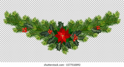 Christmas design element for greeting card or invitation. Decorated fir garland with poinsettia and berries. Vector illustration.