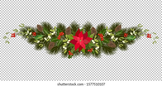 Christmas design element for greeting card or invitation. Decorated fir garland with pinecones. Vector illustration.