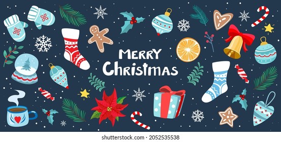 Christmas design element set with socks, mittens, toys. Isolated vector.