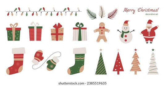 Christmas design element set, sticker pack with holiday symbols, Santa, snowman, gift boxes, socks and gloves, gingerbread man and light garland. Vector illustration.