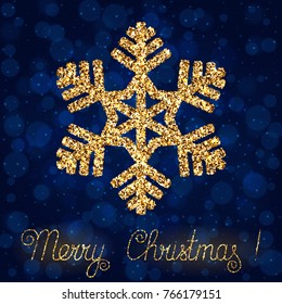 Christmas Design Element Stylized Snowflake of Isolated on Dark Bokeh Background. Realistic Effect of Shimmering Gold Glitters.